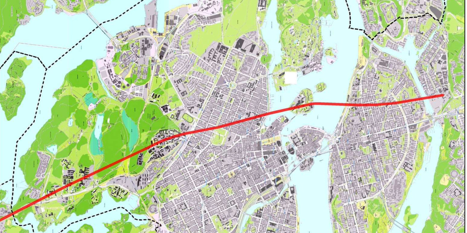 Karta som visar hur den nya tunneln går mellan  Norra Djurgårdsstaden och Hammarby Sjöstad.
